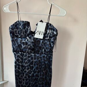 Zara Metallic Blue Animal Print Dress